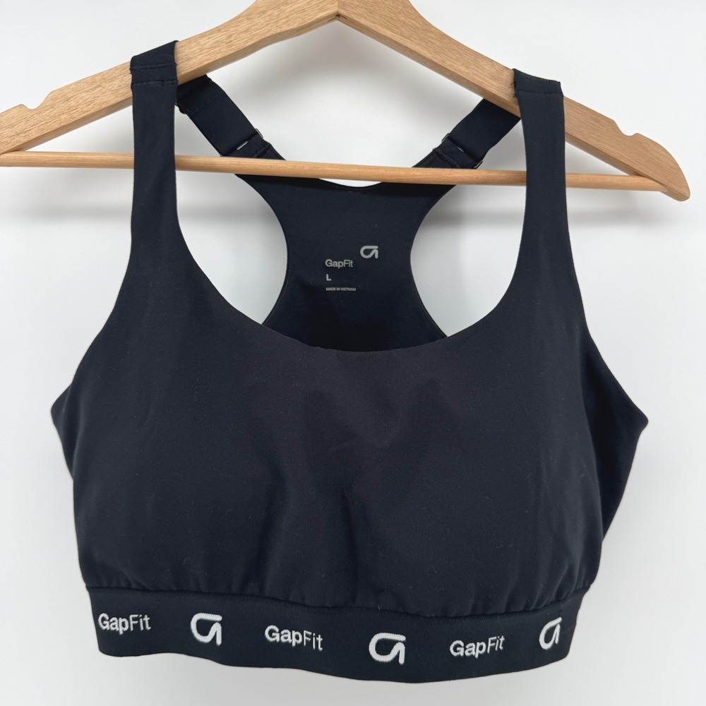 GapFit Sports Bra Women Large Black Adjustable Racerback Logo Band 4 Way Stretch